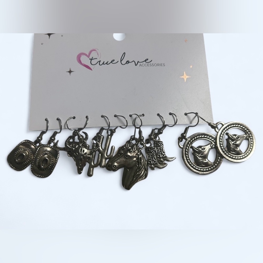 Western Charm Dangle Earrings Set of 6 – Southwestern Boho Silver Tone - Picture 2 of 2